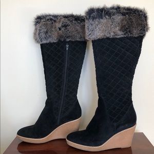Black Suede Wedge Boots With Faux Fur